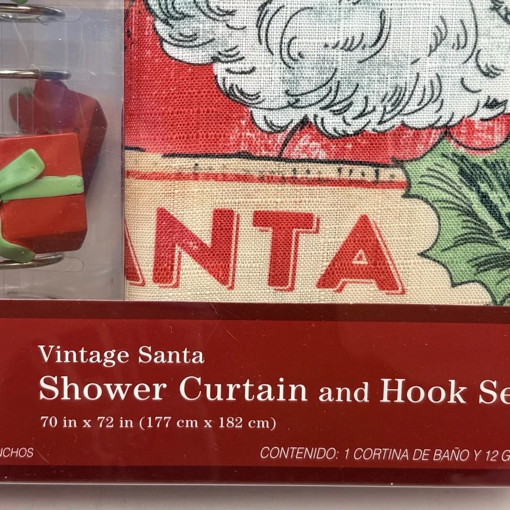 Vintage Santa Shower Curtain Hook Set 70x72 Christmas Bath Decor Gift Hooks NIP
